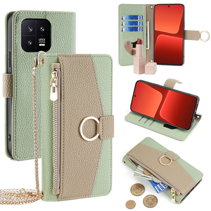 Xiaomi 13 Crossbody Phone Case with Litchi Texture Leather, Adjustable Kickstand, Card Slots, Zipper Purse, Makeup Mirror, and TPU Protection