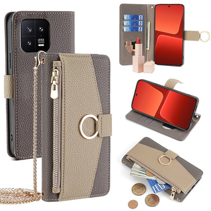 Xiaomi 13 Crossbody Phone Case with Litchi Texture Leather, Adjustable Kickstand, Card Slots, Zipper Purse, Makeup Mirror, and TPU Protection