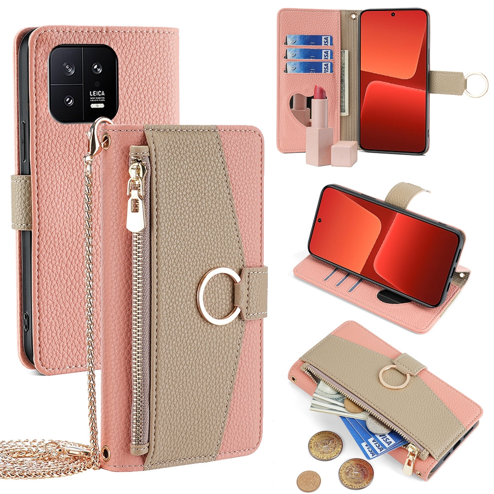 Xiaomi 13 Crossbody Phone Case with Litchi Texture Leather, Adjustable Kickstand, Card Slots, Zipper Purse, Makeup Mirror, and TPU Protection