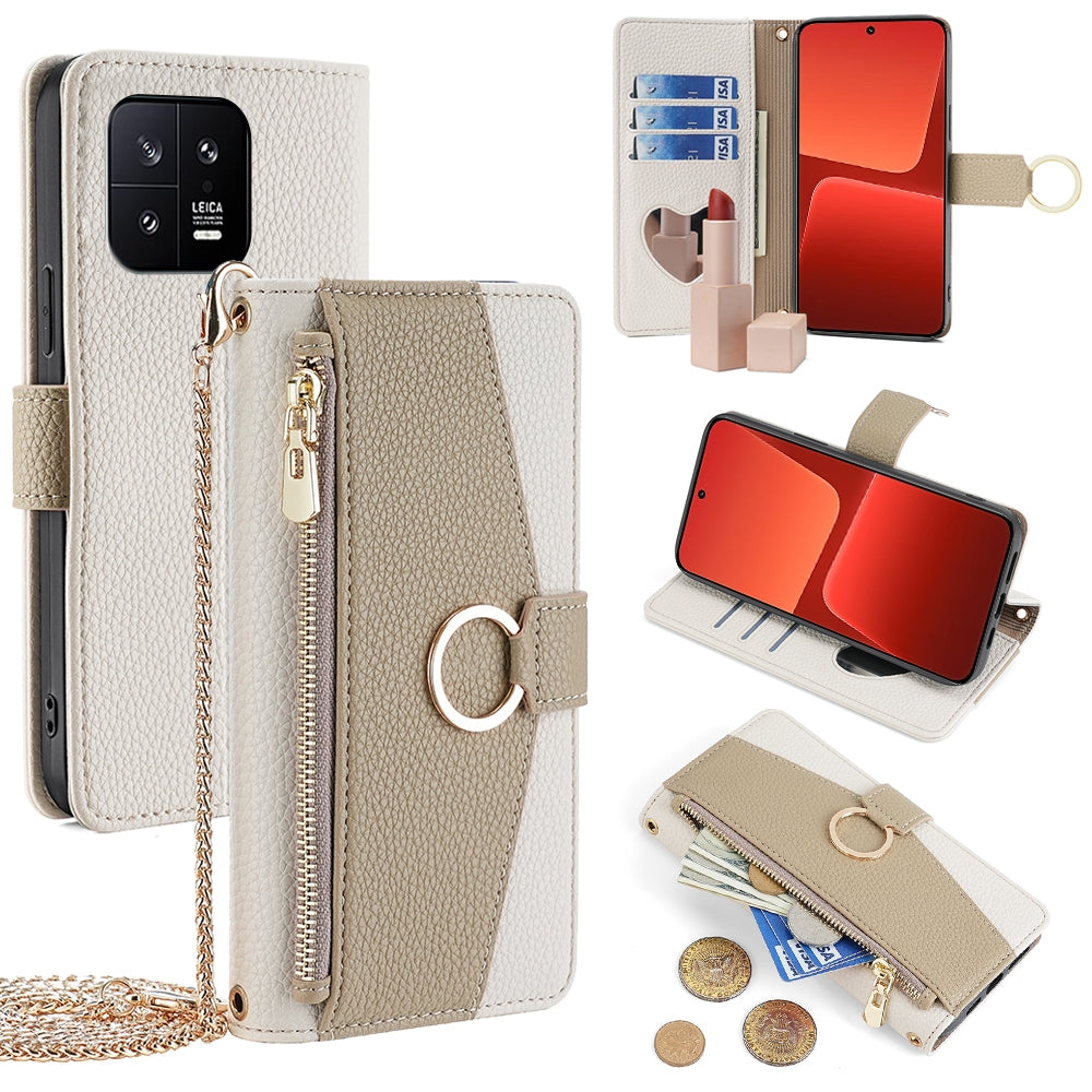 Xiaomi 13 Crossbody Phone Case with Litchi Texture Leather, Adjustable Kickstand, Card Slots, Zipper Purse, Makeup Mirror, and TPU Protection