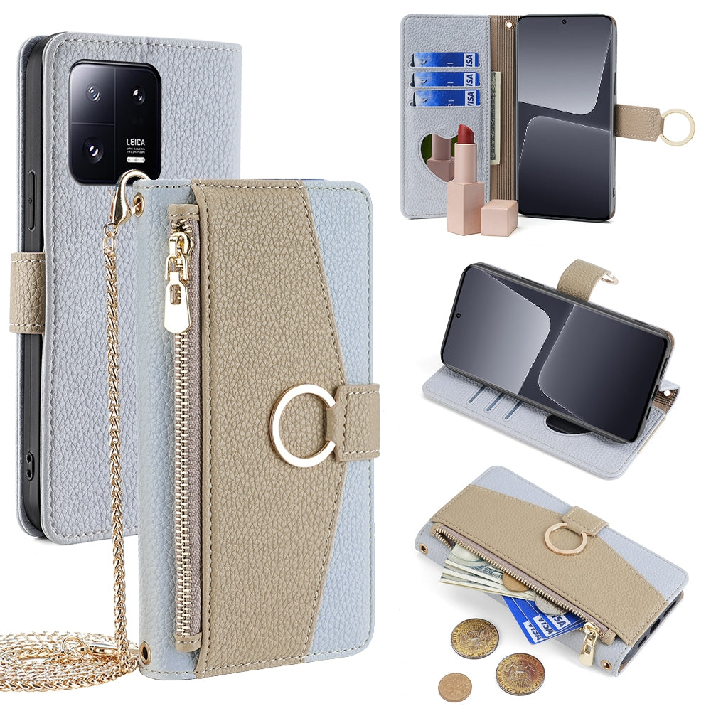 Xiaomi 13 Pro Crossbody Phone Case with Litchi Texture Leather, Adjustable Kickstand, Card Slots, Zipper Purse, Makeup Mirror, and TPU Protection