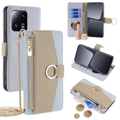 Xiaomi 13 Pro Crossbody Phone Case with Litchi Texture Leather, Adjustable Kickstand, Card Slots, Zipper Purse, Makeup Mirror, and TPU Protection