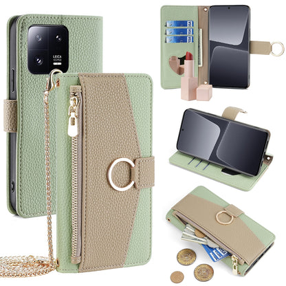 Xiaomi 13 Pro Crossbody Phone Case with Litchi Texture Leather, Adjustable Kickstand, Card Slots, Zipper Purse, Makeup Mirror, and TPU Protection