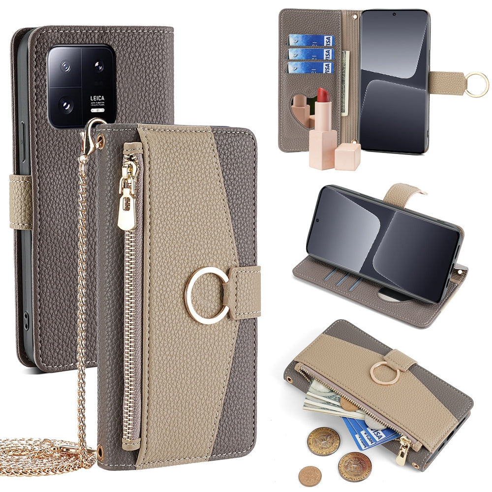 Xiaomi 13 Pro Crossbody Phone Case with Litchi Texture Leather, Adjustable Kickstand, Card Slots, Zipper Purse, Makeup Mirror, and TPU Protection