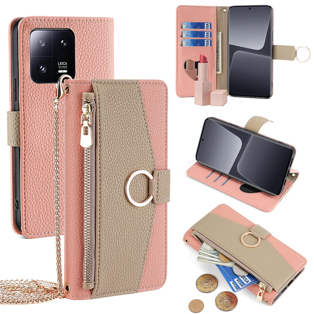 Xiaomi 13 Pro Crossbody Phone Case with Litchi Texture Leather, Adjustable Kickstand, Card Slots, Zipper Purse, Makeup Mirror, and TPU Protection