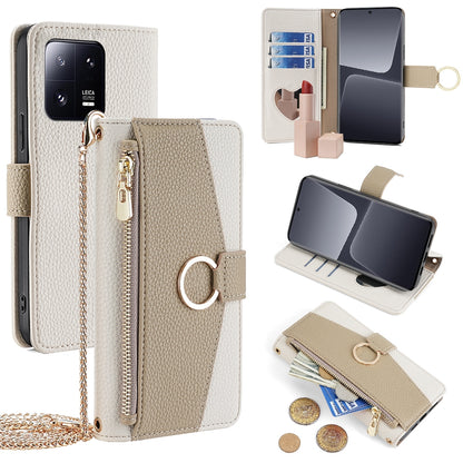 Xiaomi 13 Pro Crossbody Phone Case with Litchi Texture Leather, Adjustable Kickstand, Card Slots, Zipper Purse, Makeup Mirror, and TPU Protection