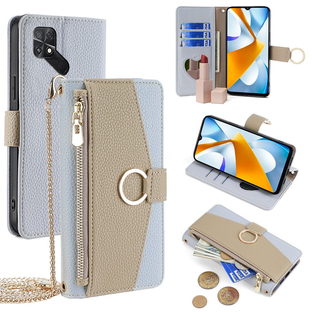 Xiaomi Poco C40 Crossbody Phone Case with Litchi Texture Leather, Adjustable Kickstand, Card Slots, Zipper Purse, Makeup Mirror, and TPU Protection