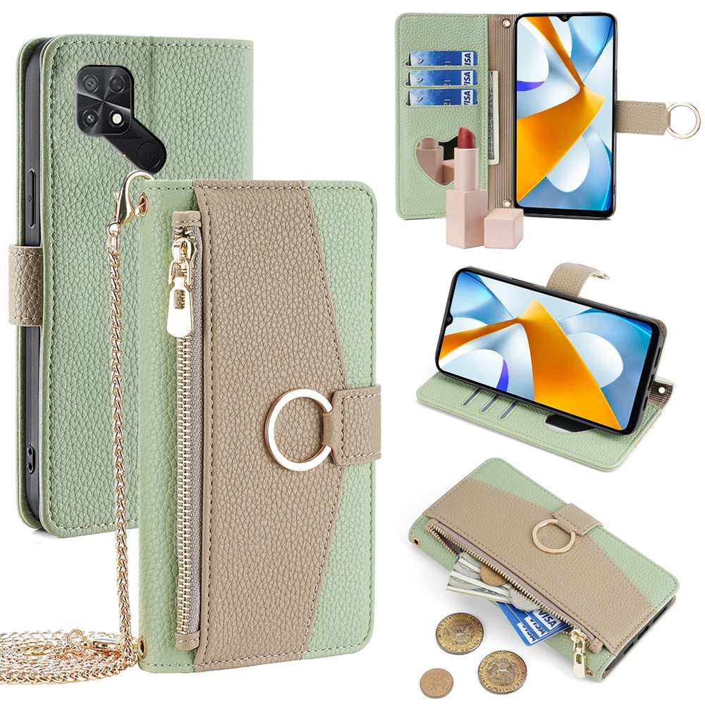 Xiaomi Poco C40 Crossbody Phone Case with Litchi Texture Leather, Adjustable Kickstand, Card Slots, Zipper Purse, Makeup Mirror, and TPU Protection