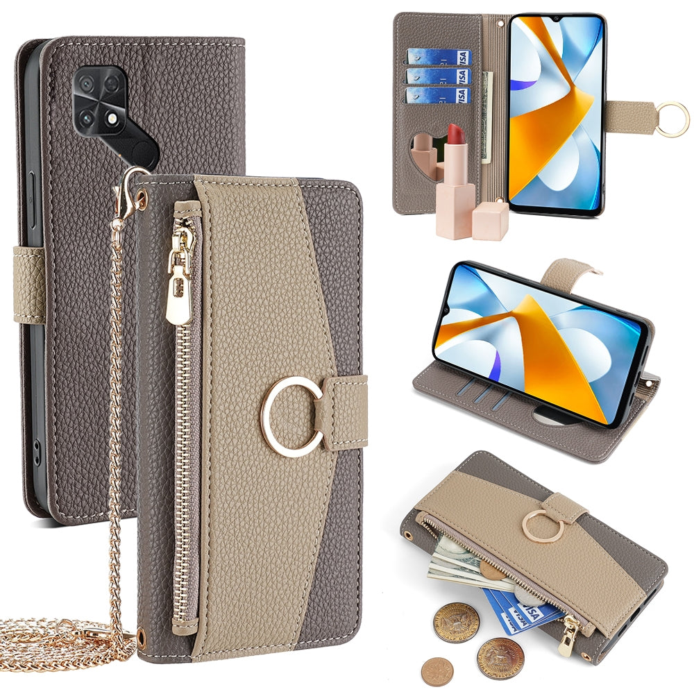 Xiaomi Poco C40 Crossbody Phone Case with Litchi Texture Leather, Adjustable Kickstand, Card Slots, Zipper Purse, Makeup Mirror, and TPU Protection