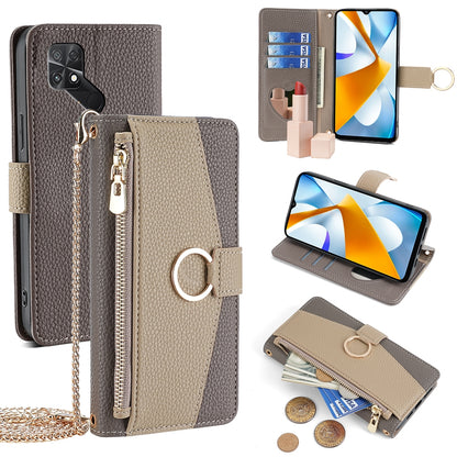 Xiaomi Poco C40 Crossbody Phone Case with Litchi Texture Leather, Adjustable Kickstand, Card Slots, Zipper Purse, Makeup Mirror, and TPU Protection