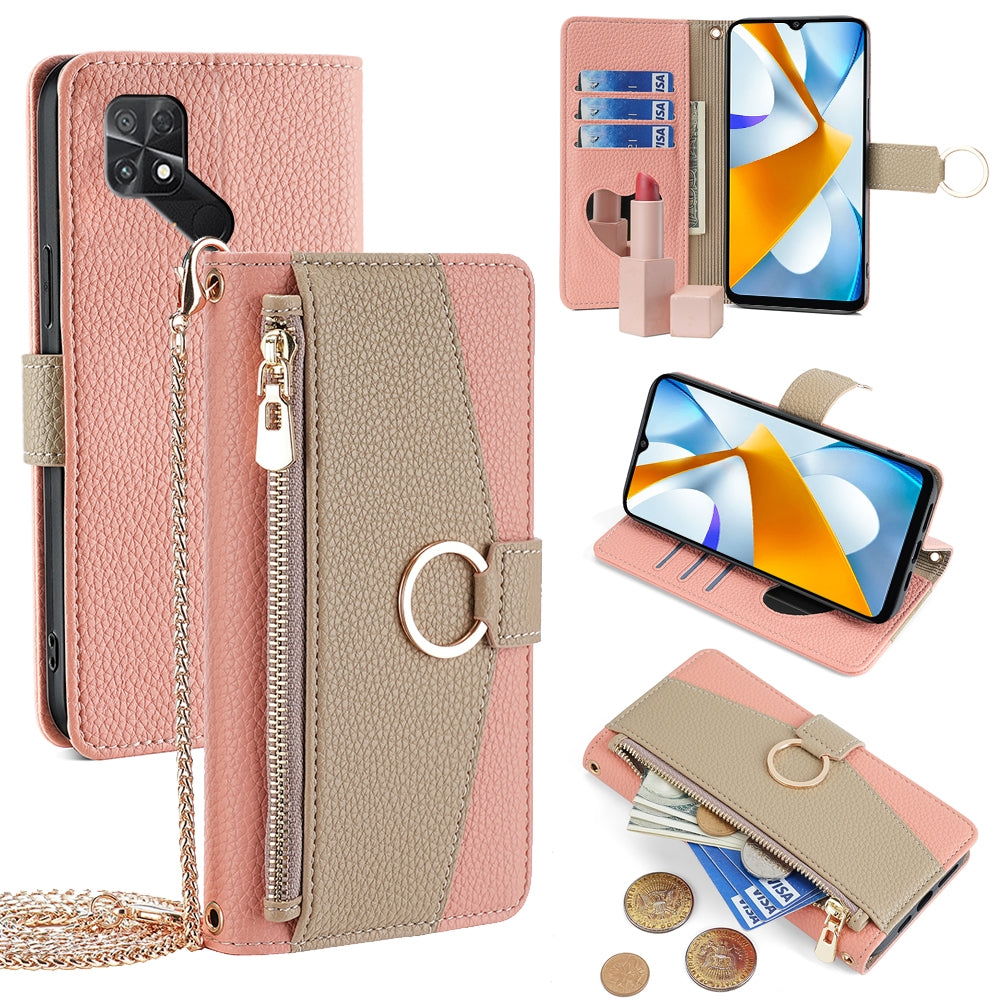 Xiaomi Poco C40 Crossbody Phone Case with Litchi Texture Leather, Adjustable Kickstand, Card Slots, Zipper Purse, Makeup Mirror, and TPU Protection