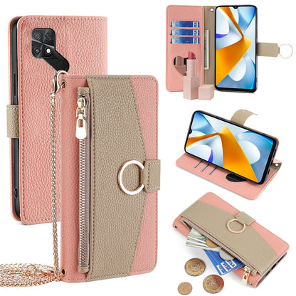 Xiaomi Poco C40 Crossbody Phone Case with Litchi Texture Leather, Adjustable Kickstand, Card Slots, Zipper Purse, Makeup Mirror, and TPU Protection