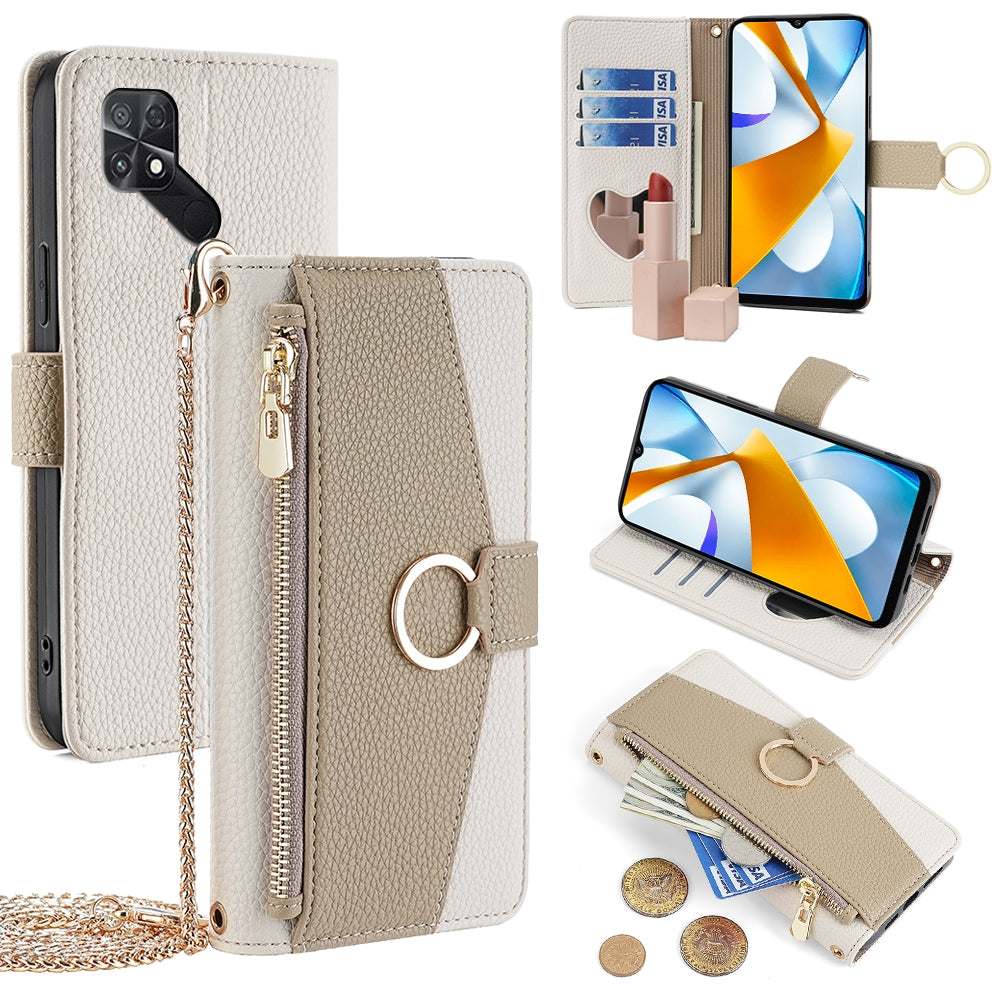 Xiaomi Poco C40 Crossbody Phone Case with Litchi Texture Leather, Adjustable Kickstand, Card Slots, Zipper Purse, Makeup Mirror, and TPU Protection