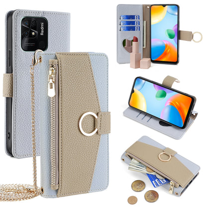 Xiaomi Redmi 10C Crossbody Phone Case with Litchi Texture Leather, Adjustable Kickstand, Card Slots, Zipper Purse, Makeup Mirror, and TPU Protection