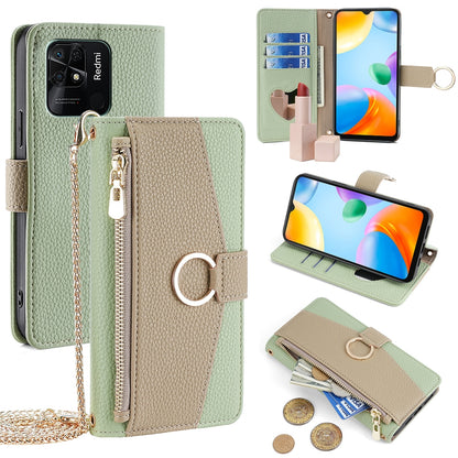 Xiaomi Redmi 10C Crossbody Phone Case with Litchi Texture Leather, Adjustable Kickstand, Card Slots, Zipper Purse, Makeup Mirror, and TPU Protection