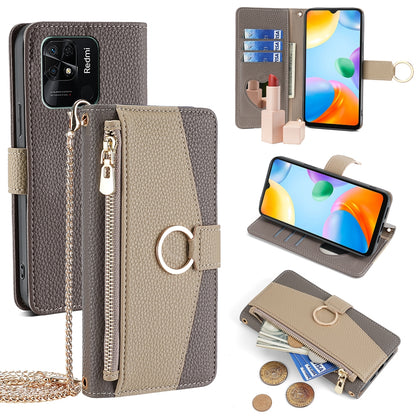 Xiaomi Redmi 10C Crossbody Phone Case with Litchi Texture Leather, Adjustable Kickstand, Card Slots, Zipper Purse, Makeup Mirror, and TPU Protection