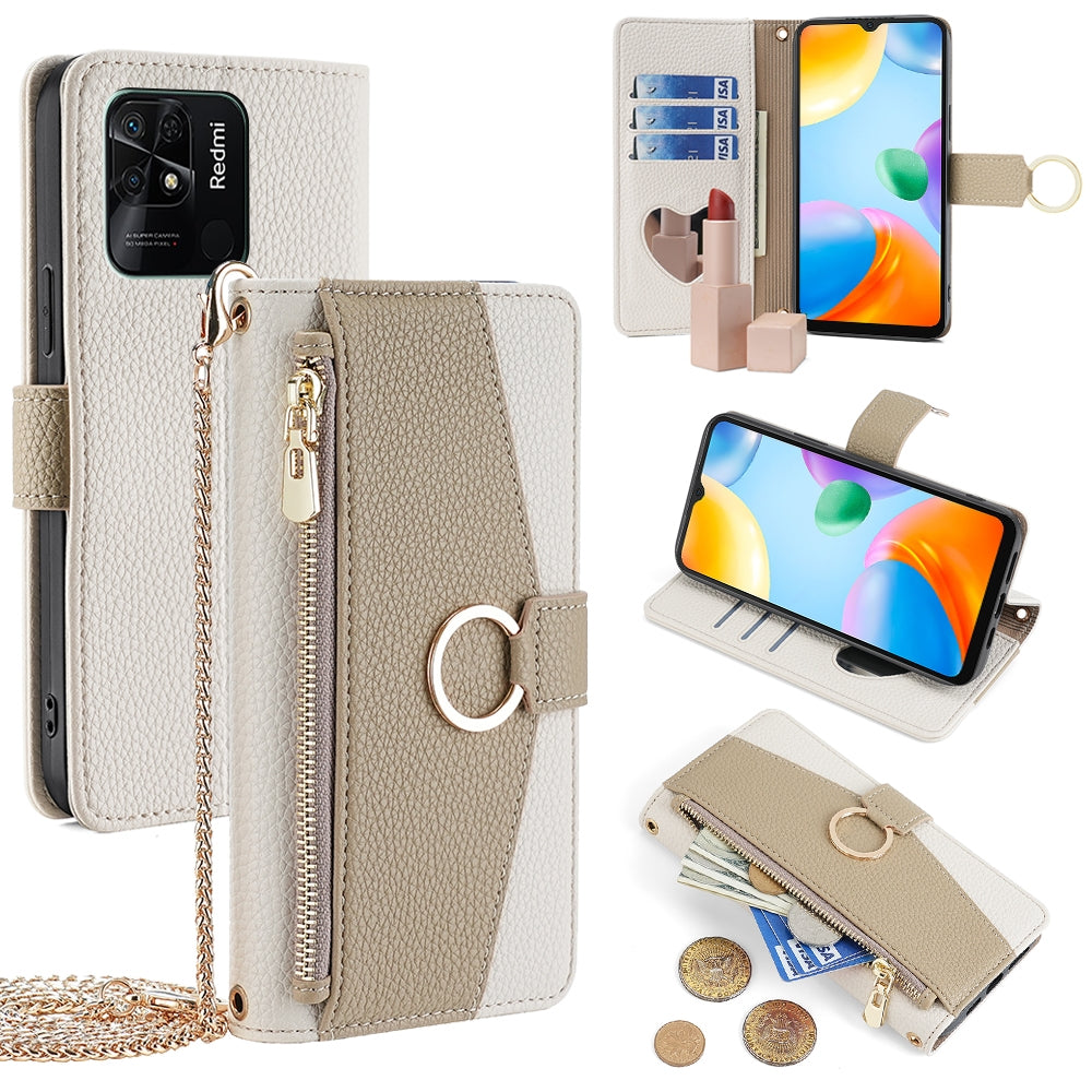 Xiaomi Redmi 10C Crossbody Phone Case with Litchi Texture Leather, Adjustable Kickstand, Card Slots, Zipper Purse, Makeup Mirror, and TPU Protection