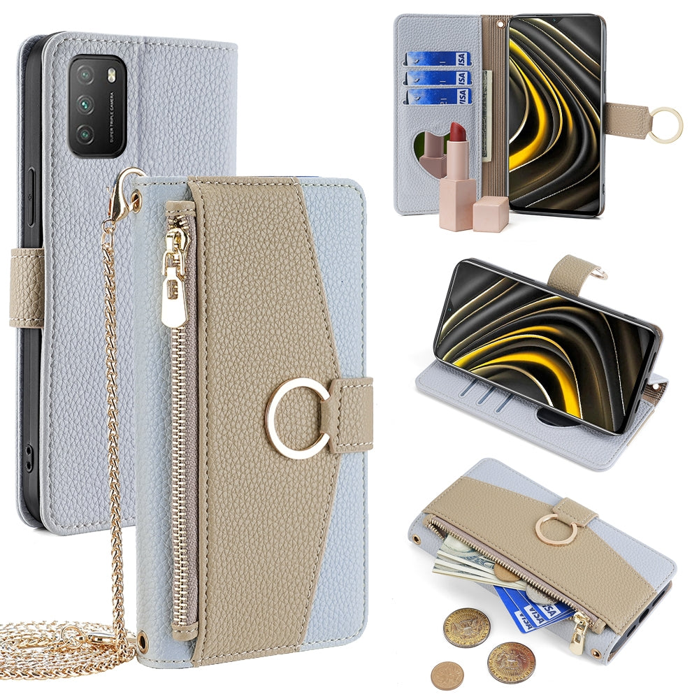 Xiaomi Poco M3 Crossbody Phone Case with Litchi Texture Leather, Adjustable Kickstand, Card Slots, Zipper Purse, Makeup Mirror, and TPU Protection