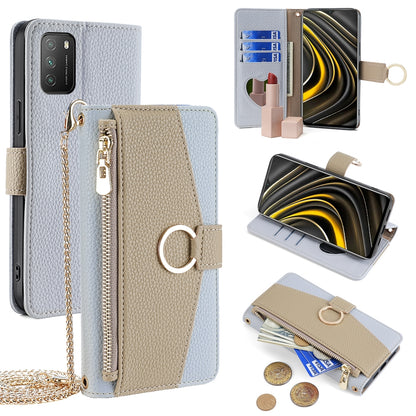 Xiaomi Poco M3 Crossbody Phone Case with Litchi Texture Leather, Adjustable Kickstand, Card Slots, Zipper Purse, Makeup Mirror, and TPU Protection