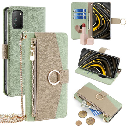 Xiaomi Poco M3 Crossbody Phone Case with Litchi Texture Leather, Adjustable Kickstand, Card Slots, Zipper Purse, Makeup Mirror, and TPU Protection