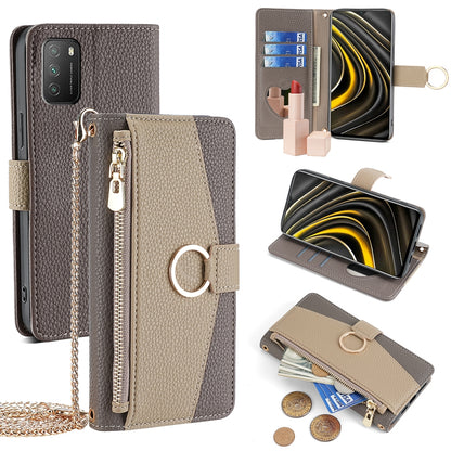 Xiaomi Poco M3 Crossbody Phone Case with Litchi Texture Leather, Adjustable Kickstand, Card Slots, Zipper Purse, Makeup Mirror, and TPU Protection