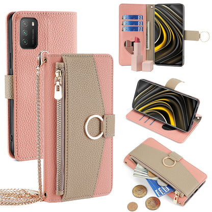 Xiaomi Poco M3 Crossbody Phone Case with Litchi Texture Leather, Adjustable Kickstand, Card Slots, Zipper Purse, Makeup Mirror, and TPU Protection