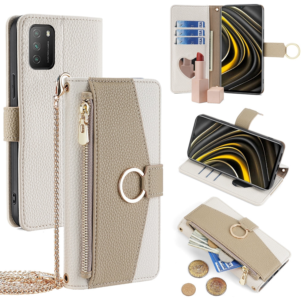 Xiaomi Poco M3 Crossbody Phone Case with Litchi Texture Leather, Adjustable Kickstand, Card Slots, Zipper Purse, Makeup Mirror, and TPU Protection
