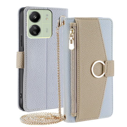 Xiaomi Redmi 13C Crossbody Phone Case with Litchi Texture Leather, Adjustable Kickstand, Card Slots, Zipper Purse, Makeup Mirror, and TPU Protection