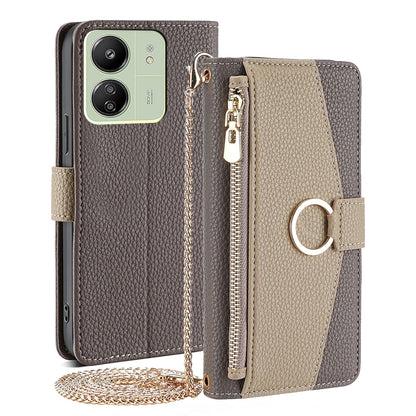 Xiaomi Redmi 13C Crossbody Phone Case with Litchi Texture Leather, Adjustable Kickstand, Card Slots, Zipper Purse, Makeup Mirror, and TPU Protection