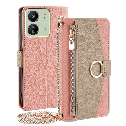Xiaomi Redmi 13C Crossbody Phone Case with Litchi Texture Leather, Adjustable Kickstand, Card Slots, Zipper Purse, Makeup Mirror, and TPU Protection