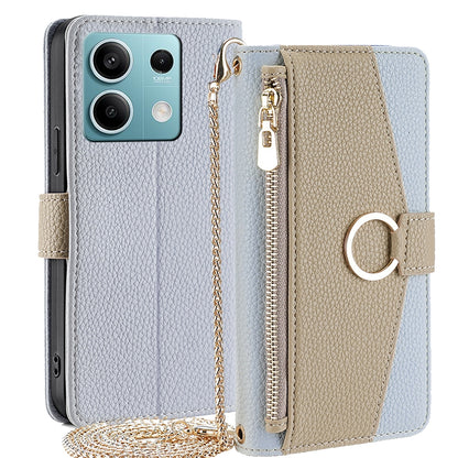 Xiaomi Redmi Note 13 4G Crossbody Phone Case with Litchi Texture Leather, Adjustable Kickstand, Card Slots, Zipper Purse, Makeup Mirror, and TPU Protection