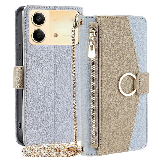 Xiaomi Redmi Note 13R Pro 5G Crossbody Phone Case with Litchi Texture Leather, Adjustable Kickstand, Card Slots, Zipper Purse, Makeup Mirror, and TPU Protection