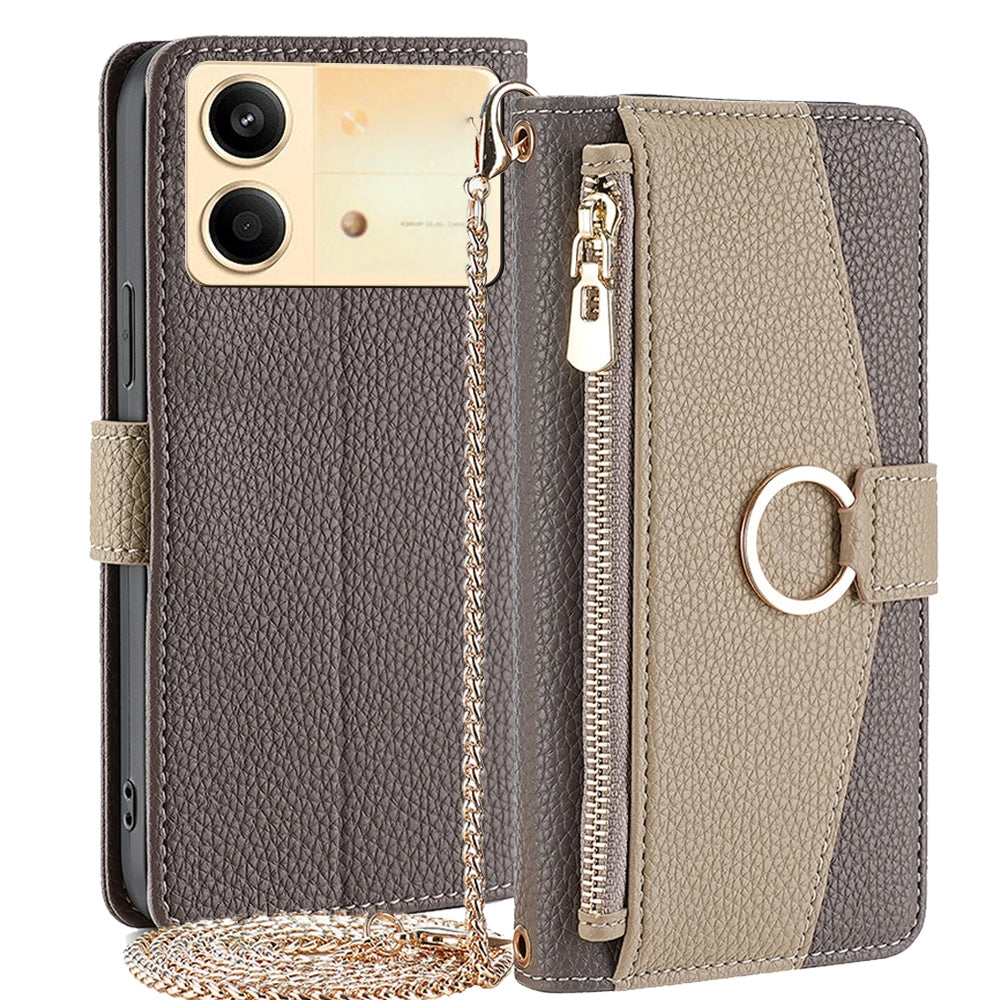 Xiaomi Redmi Note 13R Pro 5G Crossbody Phone Case with Litchi Texture Leather, Adjustable Kickstand, Card Slots, Zipper Purse, Makeup Mirror, and TPU Protection