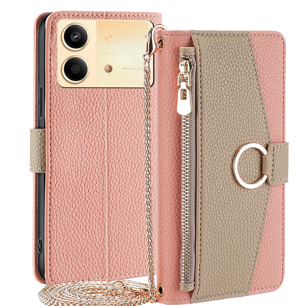 Xiaomi Redmi Note 13R Pro 5G Crossbody Phone Case with Litchi Texture Leather, Adjustable Kickstand, Card Slots, Zipper Purse, Makeup Mirror, and TPU Protection