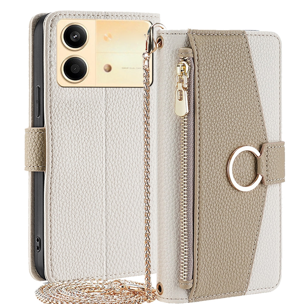 Xiaomi Redmi Note 13R Pro 5G Crossbody Phone Case with Litchi Texture Leather, Adjustable Kickstand, Card Slots, Zipper Purse, Makeup Mirror, and TPU Protection