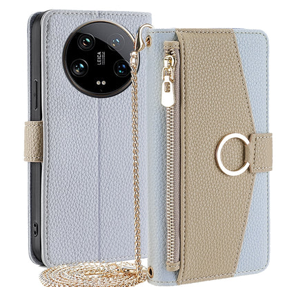 Xiaomi 14 Ultra 5G Crossbody Phone Case with Litchi Texture Leather, Adjustable Kickstand, Card Slots, Zipper Purse, Makeup Mirror, and TPU Protection