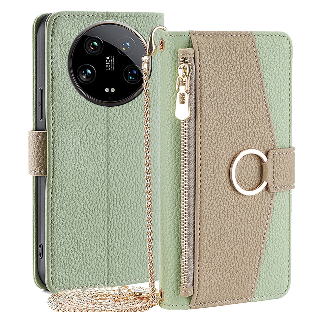 Xiaomi 14 Ultra 5G Crossbody Phone Case with Litchi Texture Leather, Adjustable Kickstand, Card Slots, Zipper Purse, Makeup Mirror, and TPU Protection