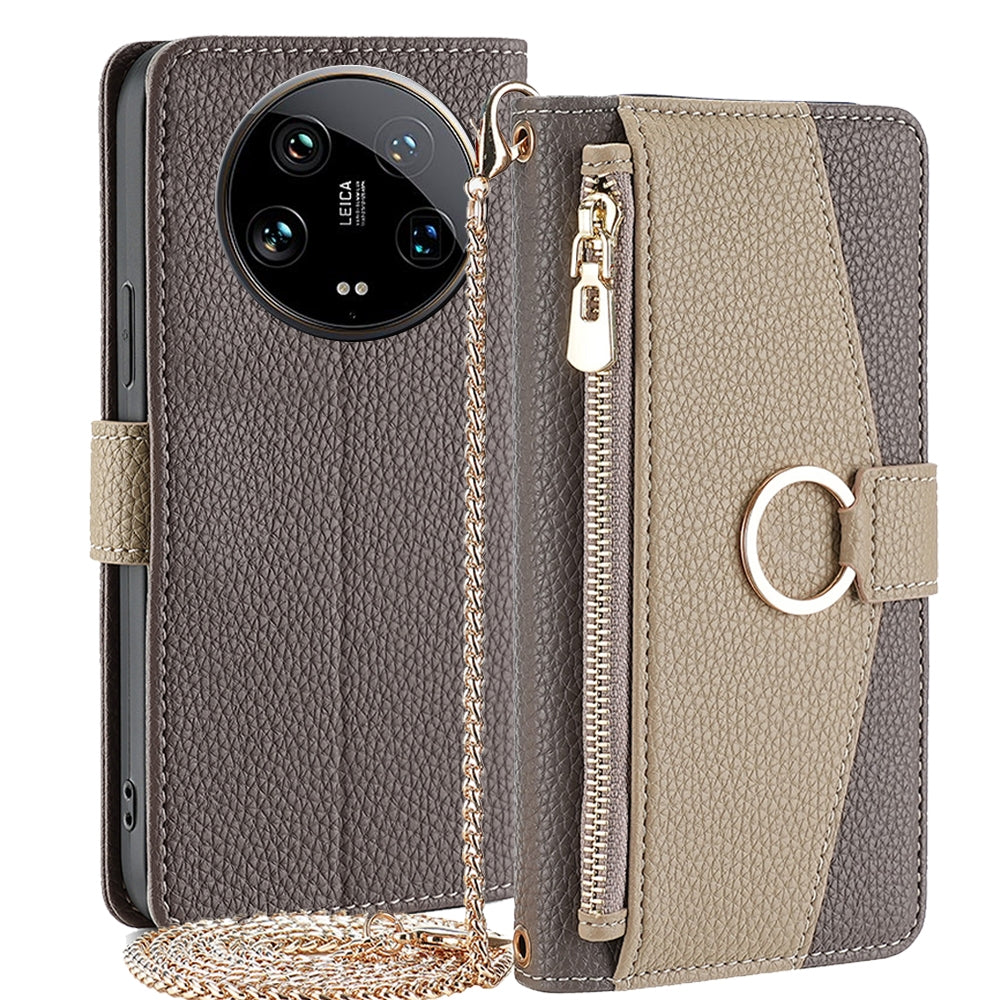 Xiaomi 14 Ultra 5G Crossbody Phone Case with Litchi Texture Leather, Adjustable Kickstand, Card Slots, Zipper Purse, Makeup Mirror, and TPU Protection