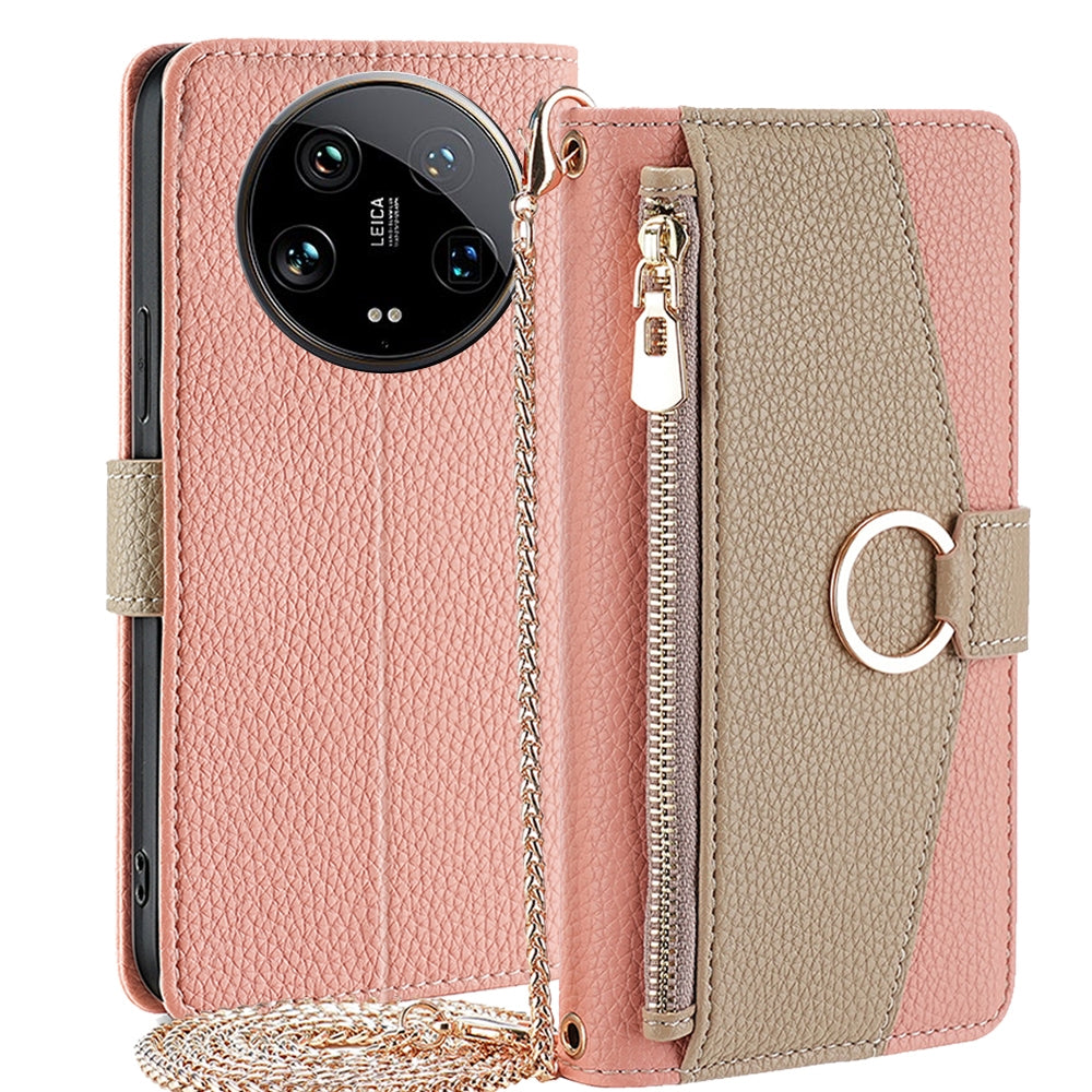Xiaomi 14 Ultra 5G Crossbody Phone Case with Litchi Texture Leather, Adjustable Kickstand, Card Slots, Zipper Purse, Makeup Mirror, and TPU Protection