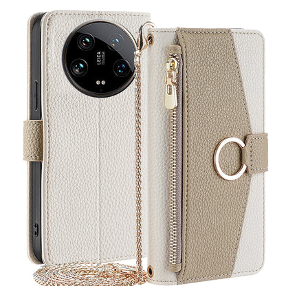 Xiaomi 14 Ultra 5G Crossbody Phone Case with Litchi Texture Leather, Adjustable Kickstand, Card Slots, Zipper Purse, Makeup Mirror, and TPU Protection