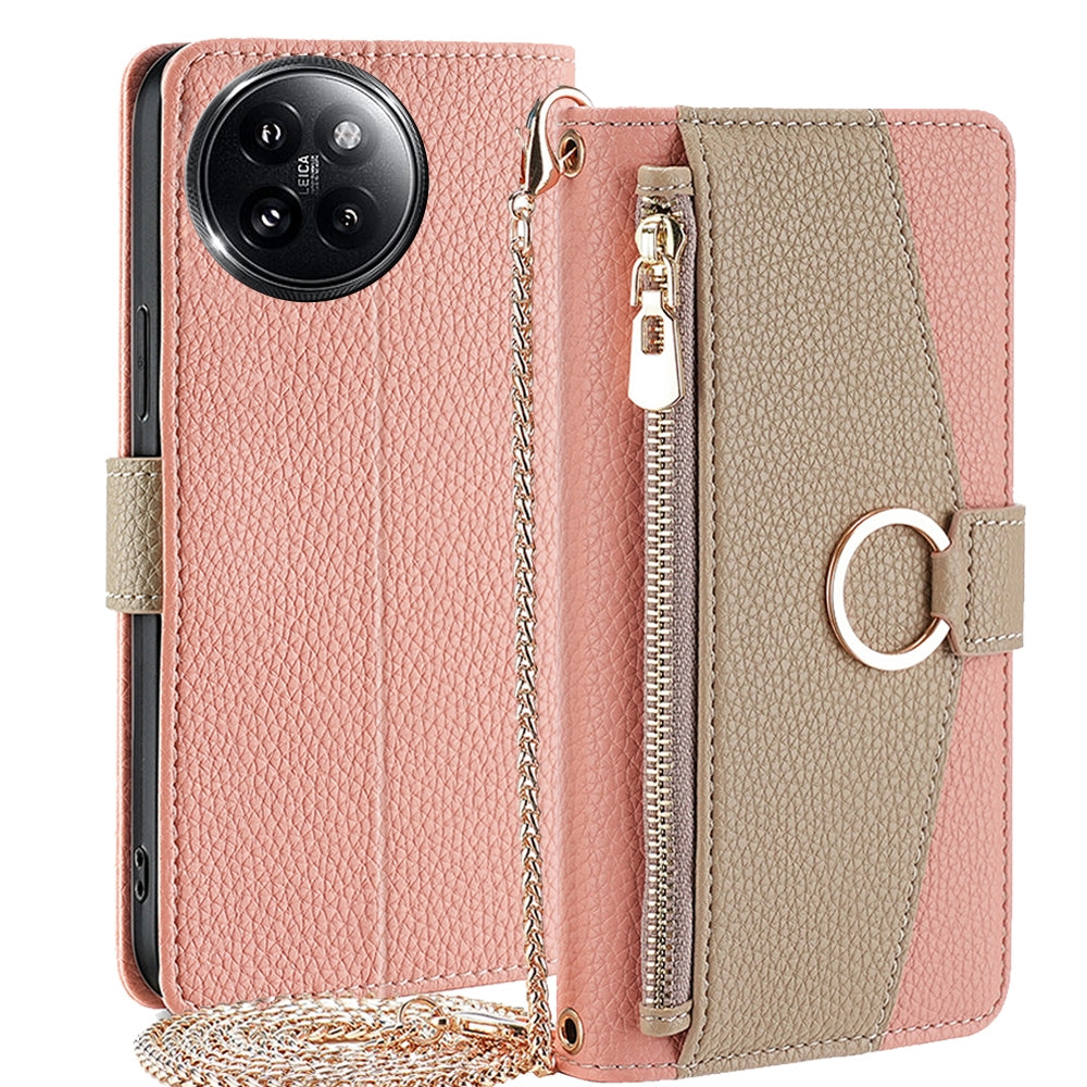 Xiaomi Civi 4 Pro Crossbody Phone Case with Litchi Texture Leather, Adjustable Kickstand, Card Slots, Zipper Purse, Makeup Mirror, and TPU Protection