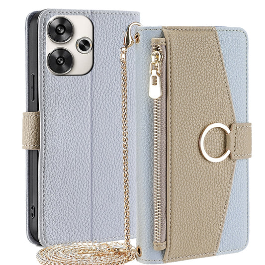 Xiaomi Redmi Turbo 3 5G Crossbody Phone Case with Litchi Texture Leather, Adjustable Kickstand, Card Slots, Zipper Purse, Makeup Mirror, and TPU Protection