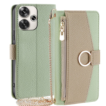 Xiaomi Redmi Turbo 3 5G Crossbody Phone Case with Litchi Texture Leather, Adjustable Kickstand, Card Slots, Zipper Purse, Makeup Mirror, and TPU Protection