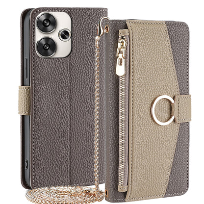 Xiaomi Redmi Turbo 3 5G Crossbody Phone Case with Litchi Texture Leather, Adjustable Kickstand, Card Slots, Zipper Purse, Makeup Mirror, and TPU Protection