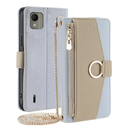 Nokia C110 4G Crossbody Phone Case with Litchi Texture Leather, Adjustable Kickstand, Card Slots, Zipper Purse, Makeup Mirror, and TPU Protection