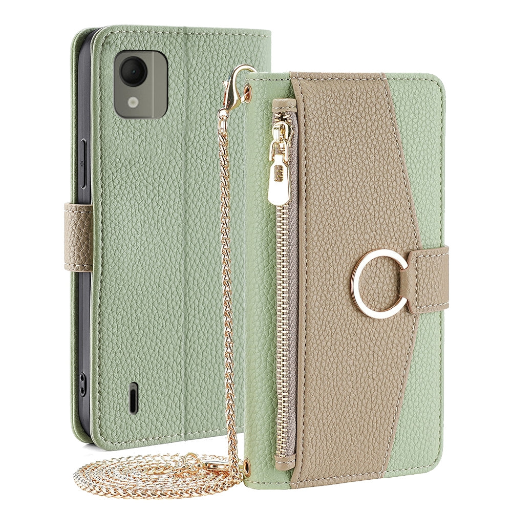 Nokia C110 4G Crossbody Phone Case with Litchi Texture Leather, Adjustable Kickstand, Card Slots, Zipper Purse, Makeup Mirror, and TPU Protection