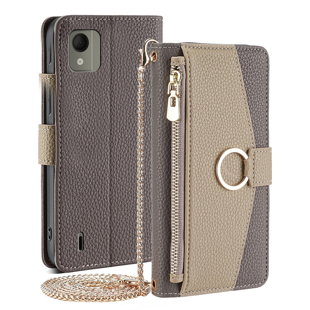 Nokia C110 4G Crossbody Phone Case with Litchi Texture Leather, Adjustable Kickstand, Card Slots, Zipper Purse, Makeup Mirror, and TPU Protection