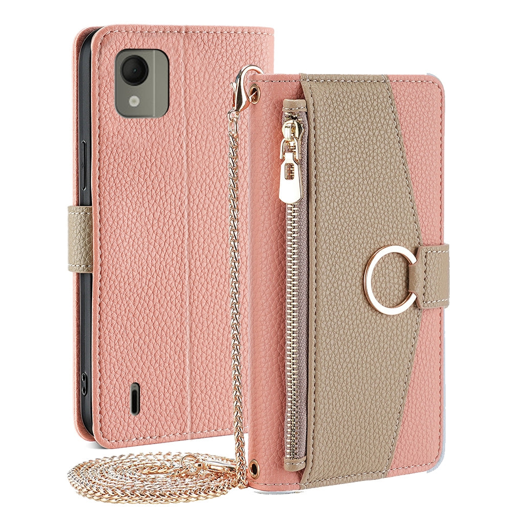 Nokia C110 4G Crossbody Phone Case with Litchi Texture Leather, Adjustable Kickstand, Card Slots, Zipper Purse, Makeup Mirror, and TPU Protection