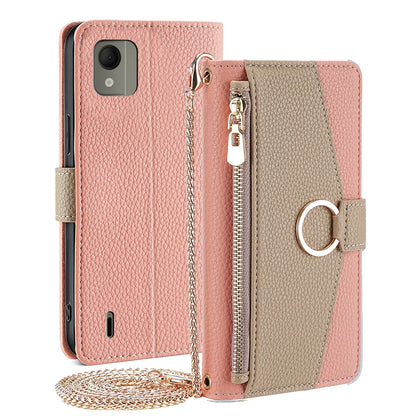 Nokia C110 4G Crossbody Phone Case with Litchi Texture Leather, Adjustable Kickstand, Card Slots, Zipper Purse, Makeup Mirror, and TPU Protection