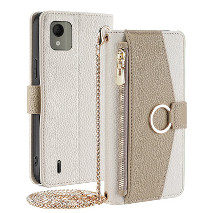 Nokia C110 4G Crossbody Phone Case with Litchi Texture Leather, Adjustable Kickstand, Card Slots, Zipper Purse, Makeup Mirror, and TPU Protection